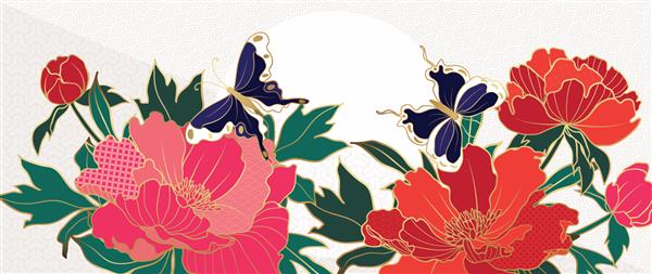 شکوفه های لوکس در پس زمینه سبک شرقی باغ گل در طرح ژاپنی با پروانه ها گل های رز و برگ خط طلای چینی مناسب برای کاغذ دیواری چاپ جلد و دکوراسیون
