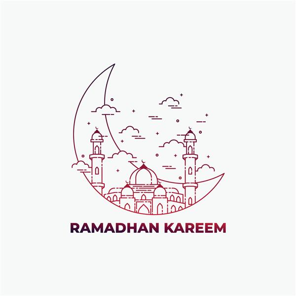 تصویرسازی خلاقانه از مسجد و ماه به سبک خط هنر طرح رمضان کریم پس زمینه رمضان کریم جشن