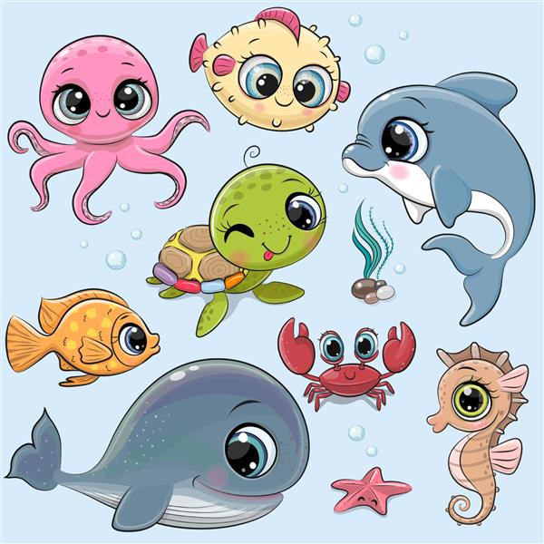 مجموعه وکتور کارتونی زیبا از حیوانات دریایی جدا شده در پس زمینه آبی