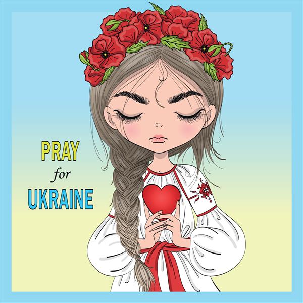 دختر اوکراینی طراحی شده با دست در یک پرتره تاج گل برای اوکراین دعا کنید تصویر برداری
