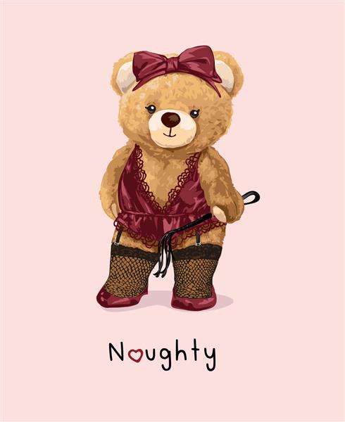 شعار شیطون با عروسک خرس زیبا در تصویر وکتور لباس زیر زنانه سکسی