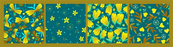 پس زمینه گل های علفزار ناز مجموعه ای از الگوهای گل بدون درز با بابونه های ساده گیاهان به سبک کارتونی اشکال انتزاعی مجموعه گیاه شناسی مرسوم بافت های طبیعت تابستانی به رنگ سبز زرد