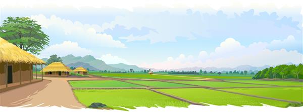 نمایی از یک روستای آرام زمین های کشاورزی بزرگ در وسط یک چشم انداز بزرگ خانه های روستایی با مزارع برنج و شالیزار