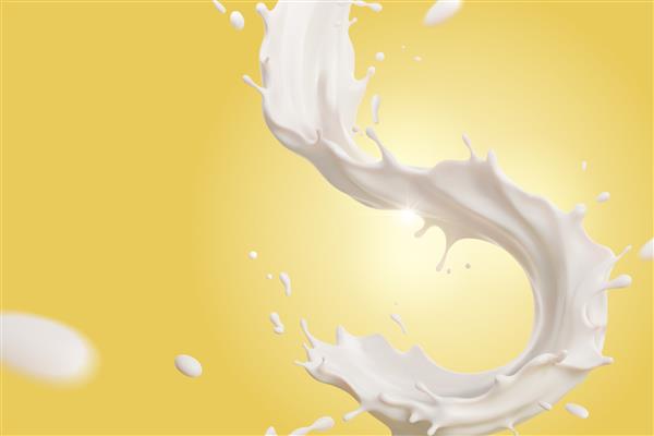 نگاهی نزدیک به پاشیدن شیر در هوا جلوه پاشیدن مایع سه بعدی جدا شده در پس زمینه زرد