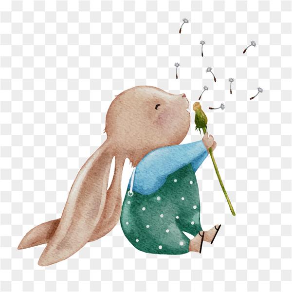 خرگوش ناز در حال دمیدن گل قاصدک رنگ دستی رنگ دستی عنصر شخصیت اسم حیوان دست اموز کارتونی برای کارت پستال عید پاک پوستر بهار تابستان تصویر برداری در پس زمینه شفاف