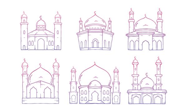 مجموعه مسجد اسلامی تصویر برداری گرافیکی طرح مفهومی مسجد با سبک طراحی دستی مناسب برای برچسب اسلیمی کارت تبریک بهترین مجموعه عناصر برای طراحی اسلیمی شما