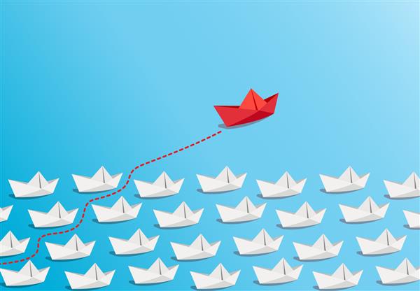 گروهی از قایق کاغذی سفید در یک جهت و یک قایق کاغذی قرمز که به روش های مختلف روی پس زمینه آبی اشاره می کند مفهوم متفاوت مفهوم راه حل نوآورانه کسب و کار تفکر استارت آپ لیدر