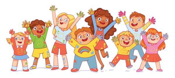 دست بچه ها با رنگ رنگارنگ گروهی از دوستان چند قومیتی بنر پانوراما شخصیت های کارتونی رنگارنگ تصویر برداری خنده دار جدا شده در زمینه سفید