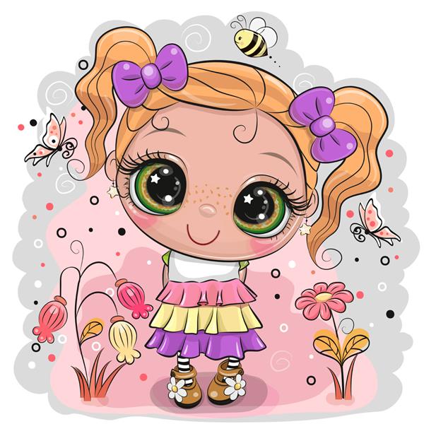 دختر کارتونی ناز با پروانه ها و گل ها روی چمنزار