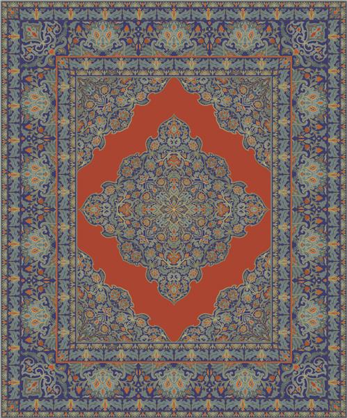 فرش آبی و نارنجی شرقی الگوی گلدار با قاب قالب برای پارچه ملیله فرش