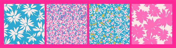 مجموعه ای از الگوهای ساده گلدار بدون درز مجموعه گل های دیزی کوچک و بزرگ در رنگ های صورتی آبی طرح نقاشی مسطح کلاژ گیاه شناسی به سبک مد روز مدرن دسته گل های چمنزار تابستانی