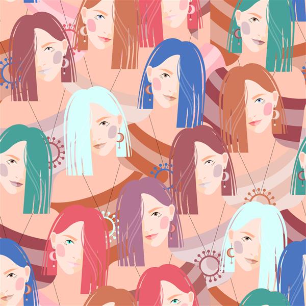 یک الگوی بدون درز روشن که گروهی از دختران جوان را با موهای رنگارنگ نشان می دهد طراحی برای دکوراسیون پارچه و کاغذ دیواری