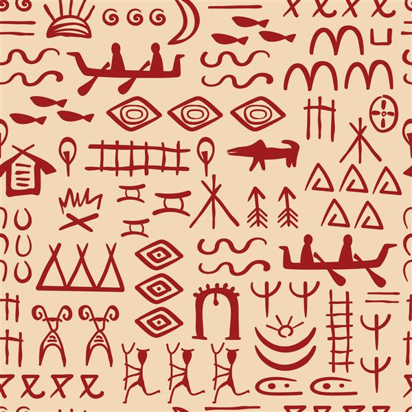 نمادهای قومی قبیله ای و زیور آلات مردمان بومی الگوی بدون درز طراحی برای پارچه و سطوح دیگر