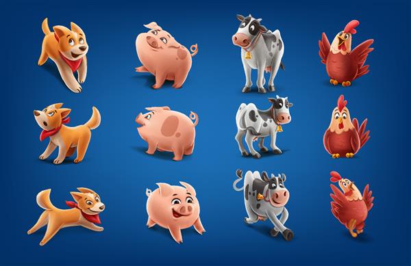 مجموعه ای از حیوانات کارتونی برای خوک مرغ گاو سگ مزرعه