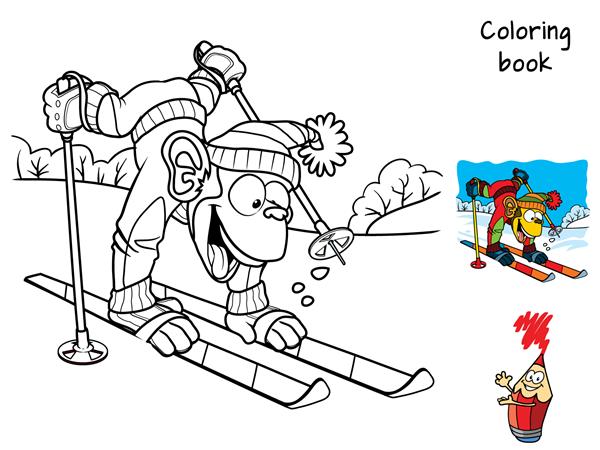 میمون کوچولو خنده دار اسکی کتاب رنگ آمیزی تصویر برداری کارتونی