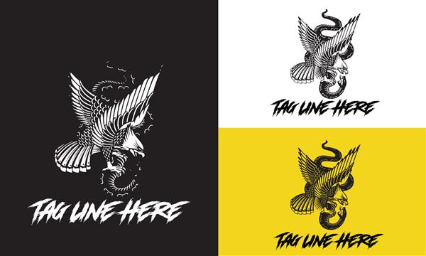 طراحی لوگوی عقاب با مار بزرگ در حال مبارزه بر روی هوا وکتور طرح تصویر سیاه و سفید