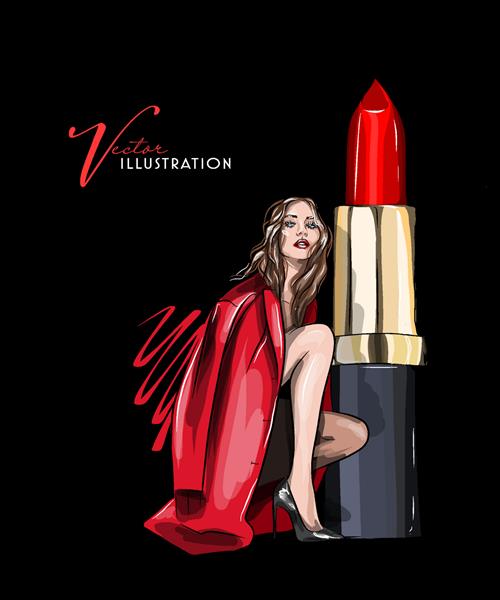 ترکیب سبک مجله آرایشگر زن رژ لب قرمز روژ را روی لب دختر قرمز و تصویر رژ لب نگه می دارد