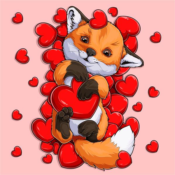 روباه خنده دار روز ولنتاین که روی یک مجموعه بزرگ از قلب های عاشقانه خوابیده و یک قلب بزرگ در دست دارد