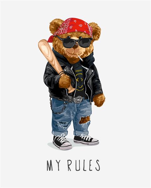 شعار قوانین من با عروسک خرس در کت چرمی که تصویر وکتور چوب بیسبال را در دست دارد
