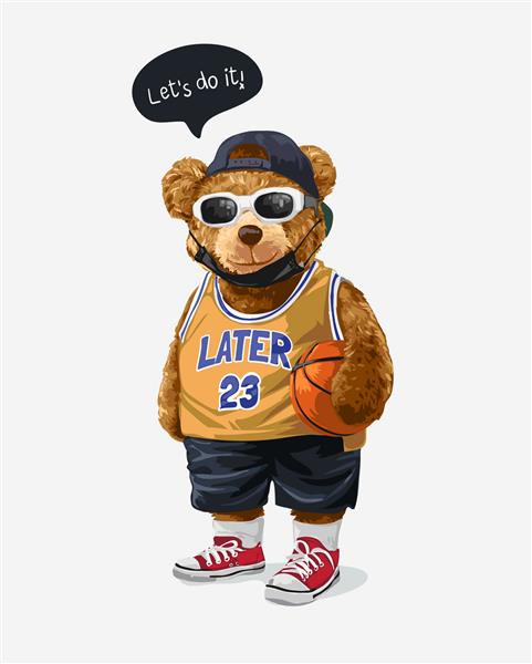 شعار اجازه انجام آن را با عروسک خرس در عینک آفتابی که تصویر برداری بسکتبال را در دست دارد
