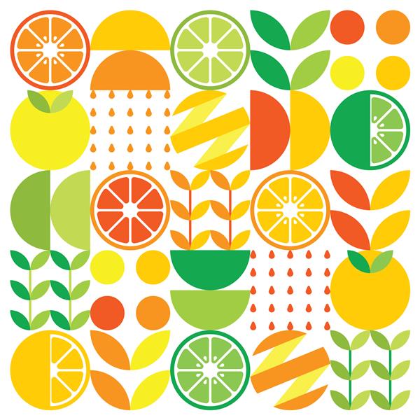 اثر هنری انتزاعی نماد نماد میوه نارنجی وکتور تخت ساده میوه ها در پس زمینه سفید تصویر هندسی رنگارنگ نارنجی لیمویی لیمویی سبک مینیمالیستی برای پوستر وب یا بنر مناسب است