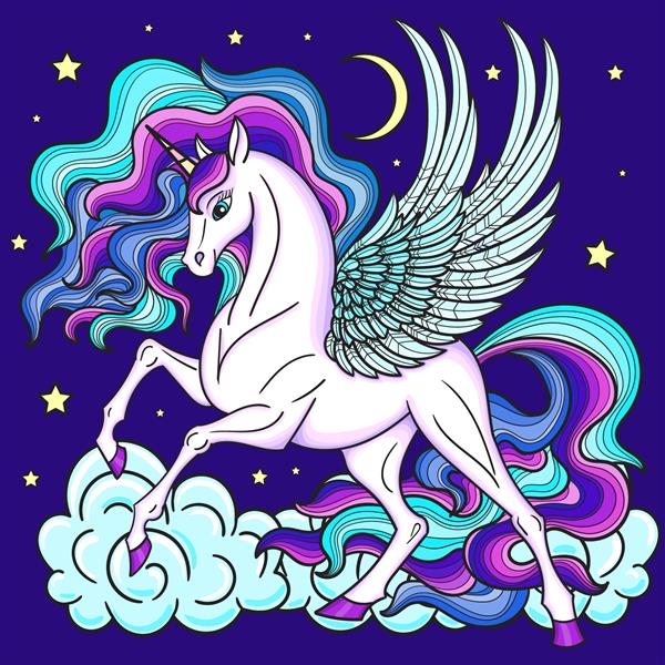 اسب شاخدار جادویی با یال رنگین کمانی دراز در آسمان شب در میان ابرهاحیوان عرفانی برای طراحی چاپ پوستر خالکوبی برچسب کارت پستال و غیره تصویر برداری