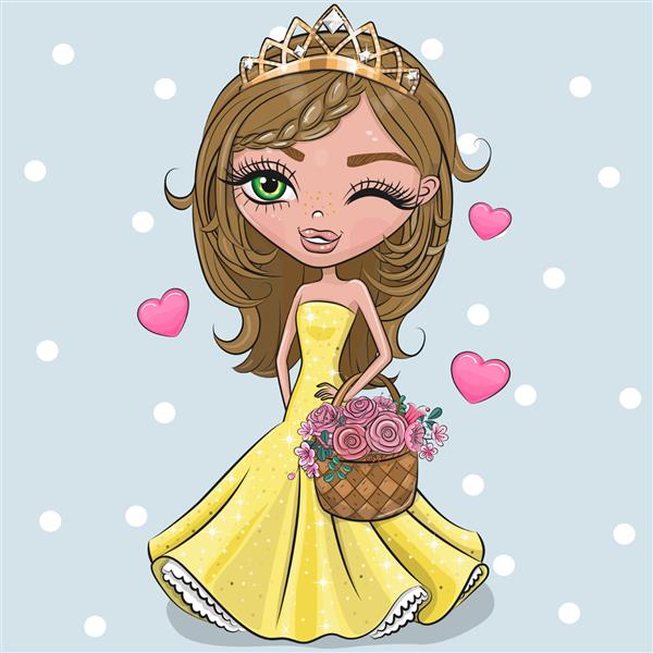 شاهزاده خانم کارتونی زیبا در لباس زرد با قلب در پس زمینه آبی