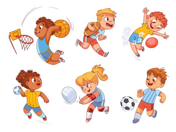 ورزش تیمی والیبال فوتبال بسکتبال راگبی هندبال دجبال تنظیم شخصیت های کارتونی رنگارنگ تصویر برداری خنده دار جدا شده در زمینه سفید