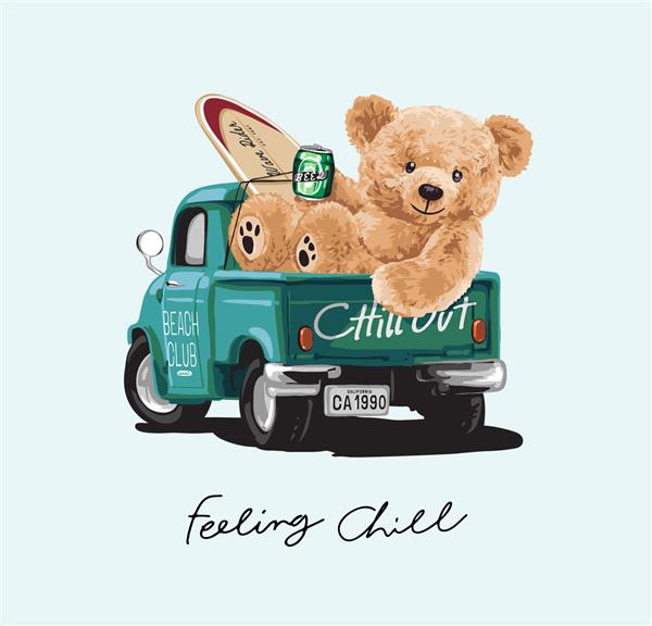 شعار خوشنویسی احساس سردی با عروسک خرس و تخته موج سواری نشسته روی تخت کامیون تصویر برداری