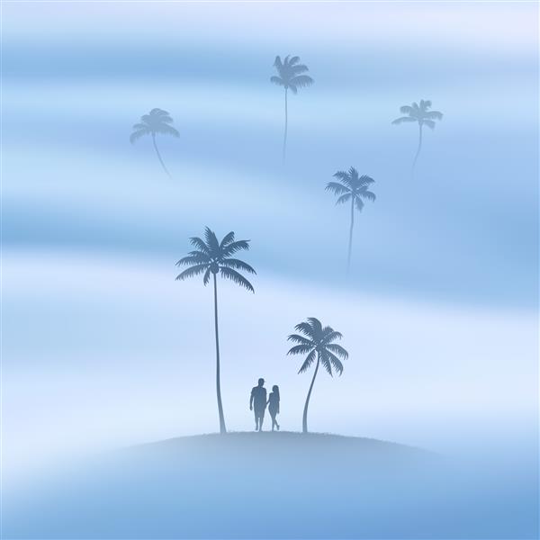 زوج زیر درختان خرما شبح عاشقان در مه تعطیلات تابستانی