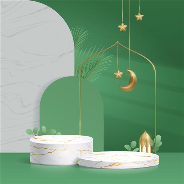 سکوی سه بعدی اسلام مدرن در زمینه سبز برای نمایش محصول با فانوس هلال ماه برگ خرما ستاره سکوی مرمر سفید با ترک طلایی دیوار بافت مرحله پایه بردار ارائه