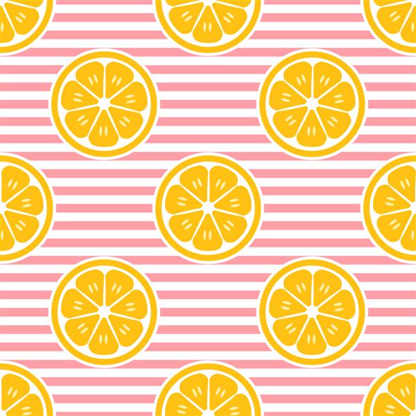 الگوی وکتور میوه تابستانی برش لیمو بدون درز پس زمینه را با عناصر راه راه صورتی تکرار کنید طراحی پرینت مد روز تصویرسازی مدرن