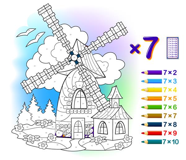 جدول ضرب در 7 برای بچه ها آموزش ریاضی کتاب رنگ آمیزی نمونه ها را حل کنید و آسیاب را رنگ کنید بازی پازل منطقی کاربرگ قابل چاپ کتاب درسی مدرسه کودکان آنلاین بازی کنید آموزش حافظه