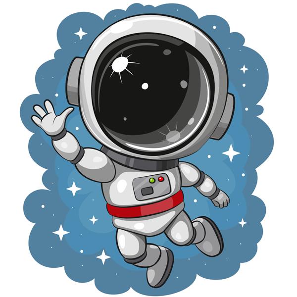 فضانورد کارتونی ناز در حال پرواز در پس زمینه فضایی
