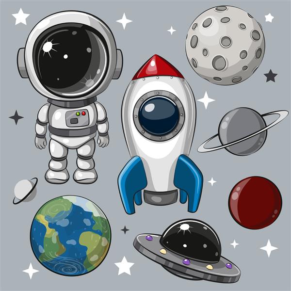 مجموعه فضایی کارتونی زیبا از فضانورد موشک و سیارات