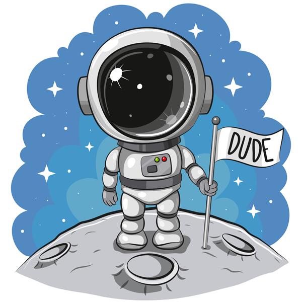 فضانورد کارتونی زیبا روی ماه در پس زمینه فضایی