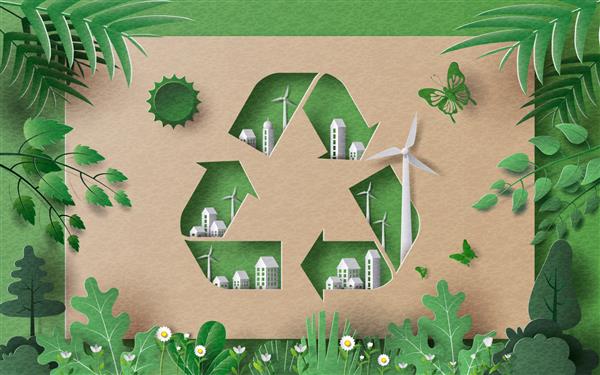 نماد بازیافت با بسیاری از ساختمان ها و برگ های سبز صرفه جویی در سیاره و مفهوم انرژی تصویر کاغذی و کاغذ سه بعدی