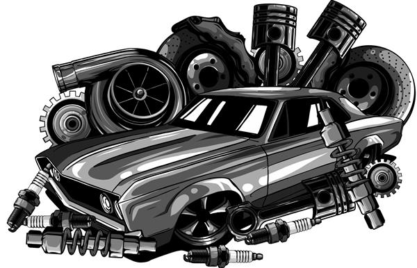 مجموعه اجزای ماشین کلاسیک تک رنگ با موتور موتور خودرو پیستون فرمان تایر چراغ های جلو سرعت سنج گیربکس کمک فنر تصویر برداری جدا شده