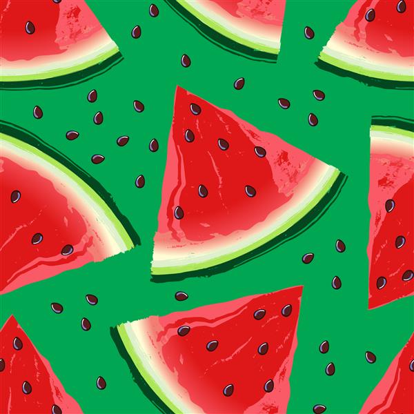 الگوی بدون درز برش های هندوانه قرمز با دانه ها پس زمینه میوه تابستانی مثبت روشن رنگ های قرمز و سبز تصویر برداری سهام EPS 10