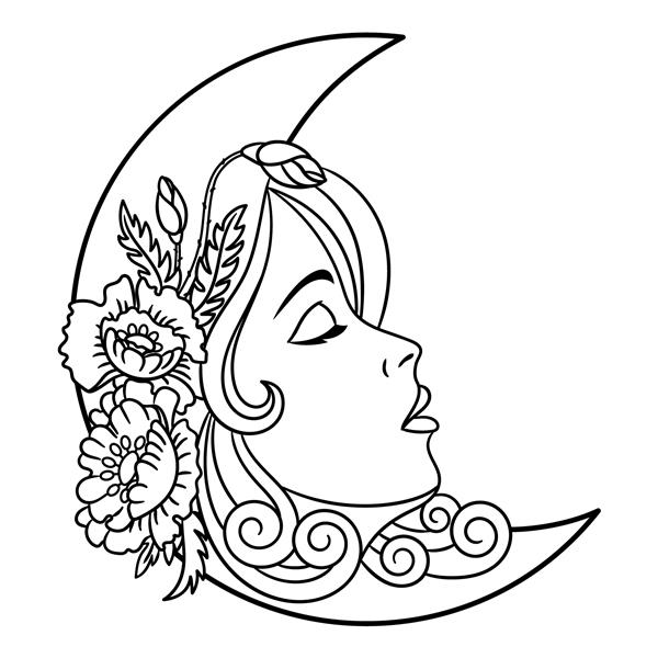 صفحه رنگ آمیزی افسانه بانوی ماه پری با گل طراحی خط نقاشی کتاب رنگ آمیزی بزرگسالان یا کودکان به سبک zentangle تصویر برداری