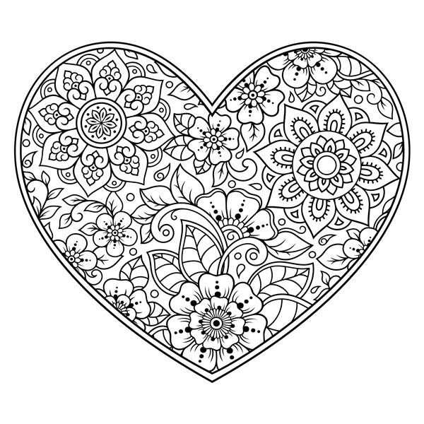 الگوی گل مهندی به شکل قلب برای طراحی و خالکوبی حنا دکوراسیون به سبک قومی شرقی هندی تبریک روز ولنتاین صفحه کتاب رنگ آمیزی