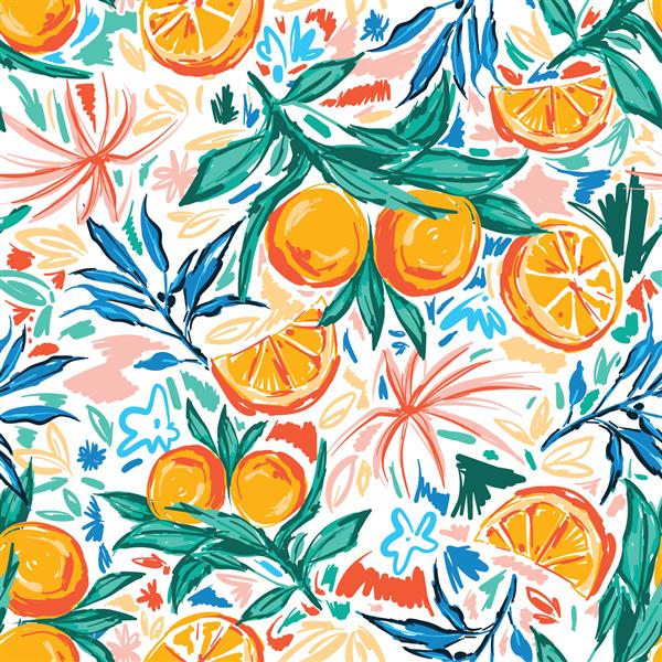 مرسوم مد روز و رنگارنگ از میوه های تابستانی نارنجی و برگ های برس خورده وکتور الگوی بدون درز طراحی برای مد پارچه پارچه کاغذ دیواری جلد وب بسته بندی و همه چاپ ها