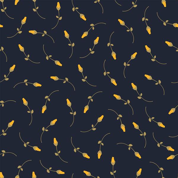 الگوی گل شیک پس زمینه آبی بدون درز با رزهای زرد جوانه های کوچک زیبا چاپ برای پارچه بسته بندی وب طرح وکتور قدیمی