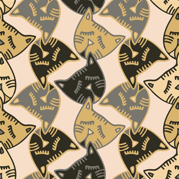 طرح الگوی وکتور بدون درز گربه‌های انتزاعی زینتی زیبا با رنگ‌های زرد و مشکی پاستلی این طرح برای منسوجات پس زمینه دکوراسیون کاغذ دیواری کاغذ بسته بندی بنر مناسب است