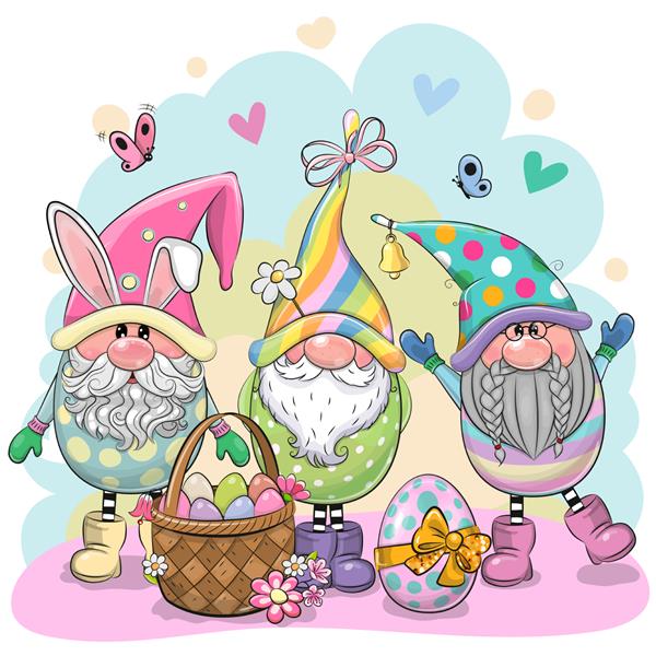 کارت تبریک عید پاک با سه گنوم کارتونی زیبا