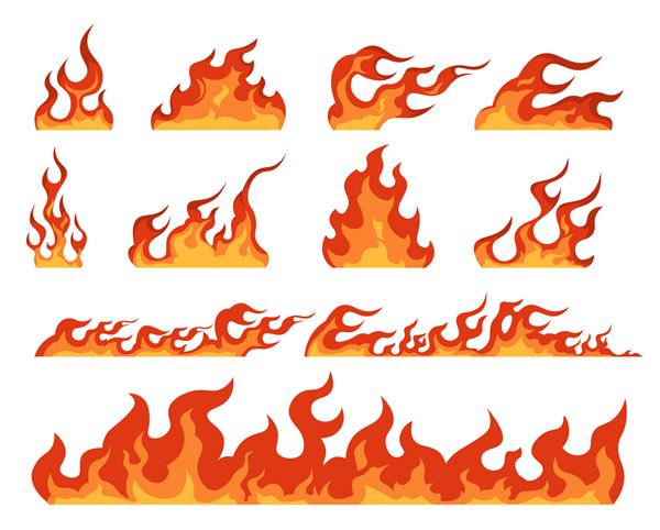 شعله آتش آتش کارتون و حاشیه های آتشین عناصر تزئینی شعله های قرمز روشن و نارنجی جدا شده علائم هشدار دهنده اشیاء قابل اشتعال الگوهای رنگارنگ برای سوزاندن ساختمان مجموعه داغ وکتور