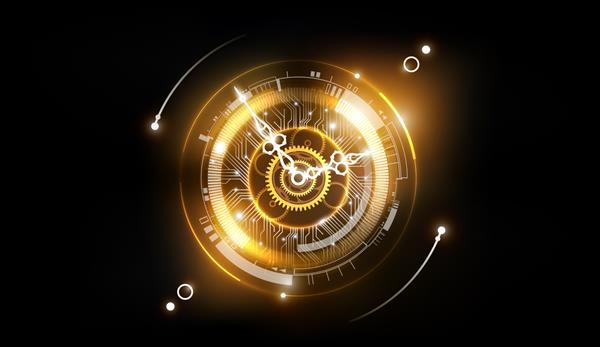 پس‌زمینه فناوری آینده‌نگر انتزاعی طلایی با مفهوم ساعت و ماشین زمان می‌تواند عقربه‌های ساعت را بچرخاند تصویر برداری