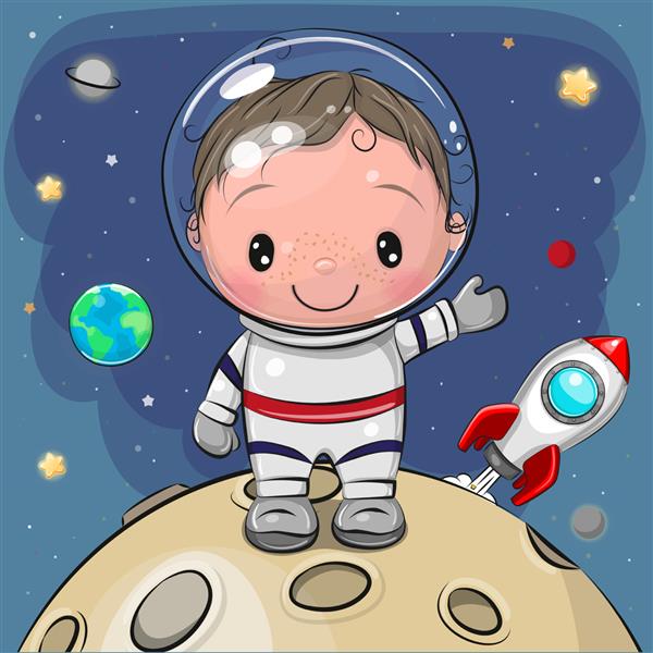 فضانورد پسر کارتونی زیبا روی ماه در پس زمینه فضایی
