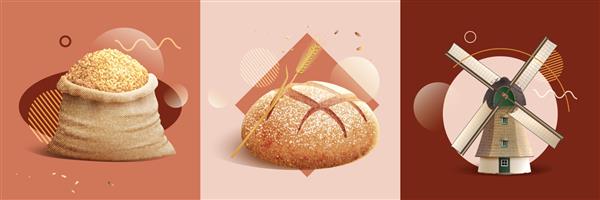 مفهوم طراحی نان واقع گرایانه با ترکیب مربعی از آسیاب گونی های گندم و تصویر برداری نان دایره ای
