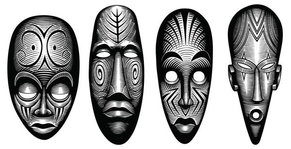 ماسک های آیینی بدوی وحشی ها مجموعه طراحی تصویر دقیق هنری قابل ویرایش وکتور حکاکی قدیمی جدا شده در پس زمینه سفید 8 EPS